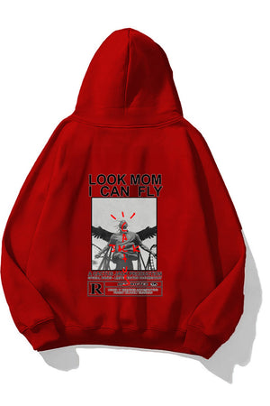 Kapüşonlu İçi Polar Look Mom I Can Fly Baskılı Unisex Kırmızı Oversize Hoodie Sweatshirt