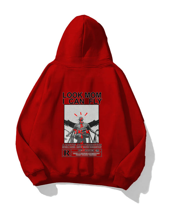 Kapüşonlu İçi Polar Look Mom I Can Fly Baskılı Unisex Kırmızı Oversize Hoodie Sweatshirt