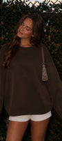 Kadın Relaxed Fit Sweatshirt Cry First Baskılı Kahverengi – Bisiklet Yaka, 3 İplik Şardonsuz