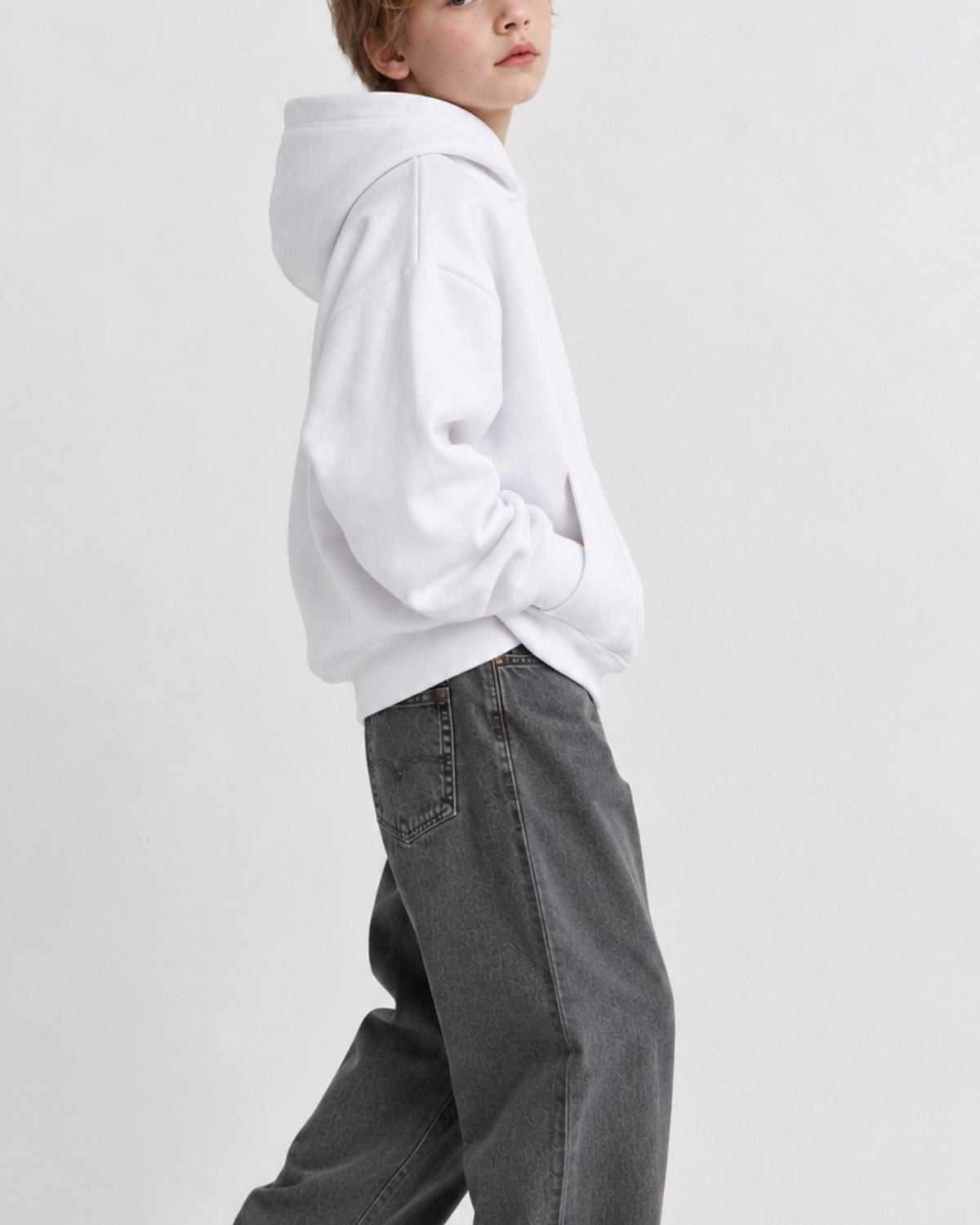 Erkek Çocuk Oversize Basic Hoodie Sweatshirt Beyaz – Kapüşonlu, Kanguru Cepli, 3 İplik Polar