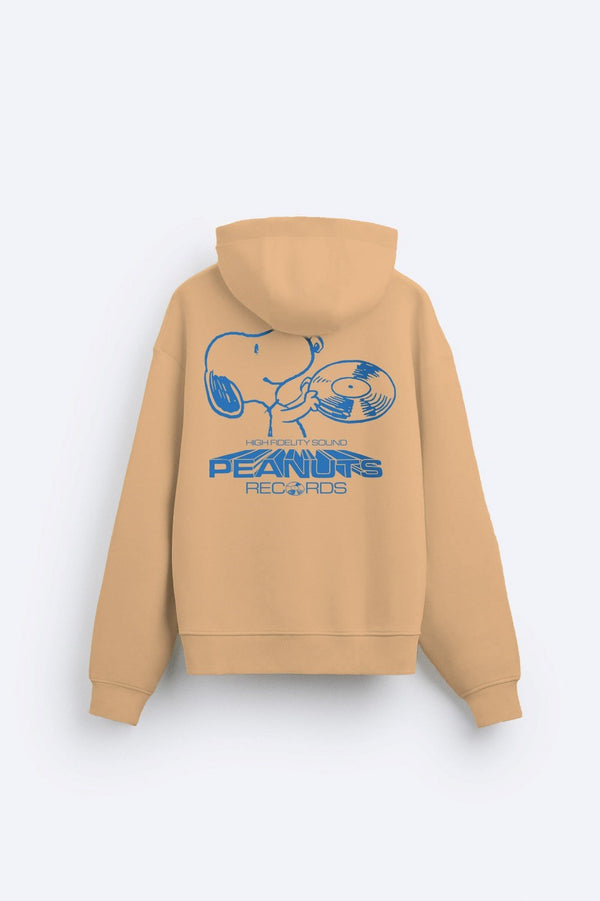 Kapüşonlu İçi Polar Peanuts Yazılı Snoopy Desen Baskılı Bej Oversize Hoodie Sweatshirt