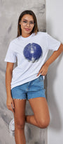 Disko Topu Tasarım Baskılı Beyaz Kadın T-shirt