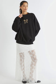 Kadın Oversize Sweatshirt Leo Kurdele Baskılı Siyah – Bisiklet Yaka, 3 İplik Şardonlu Polar