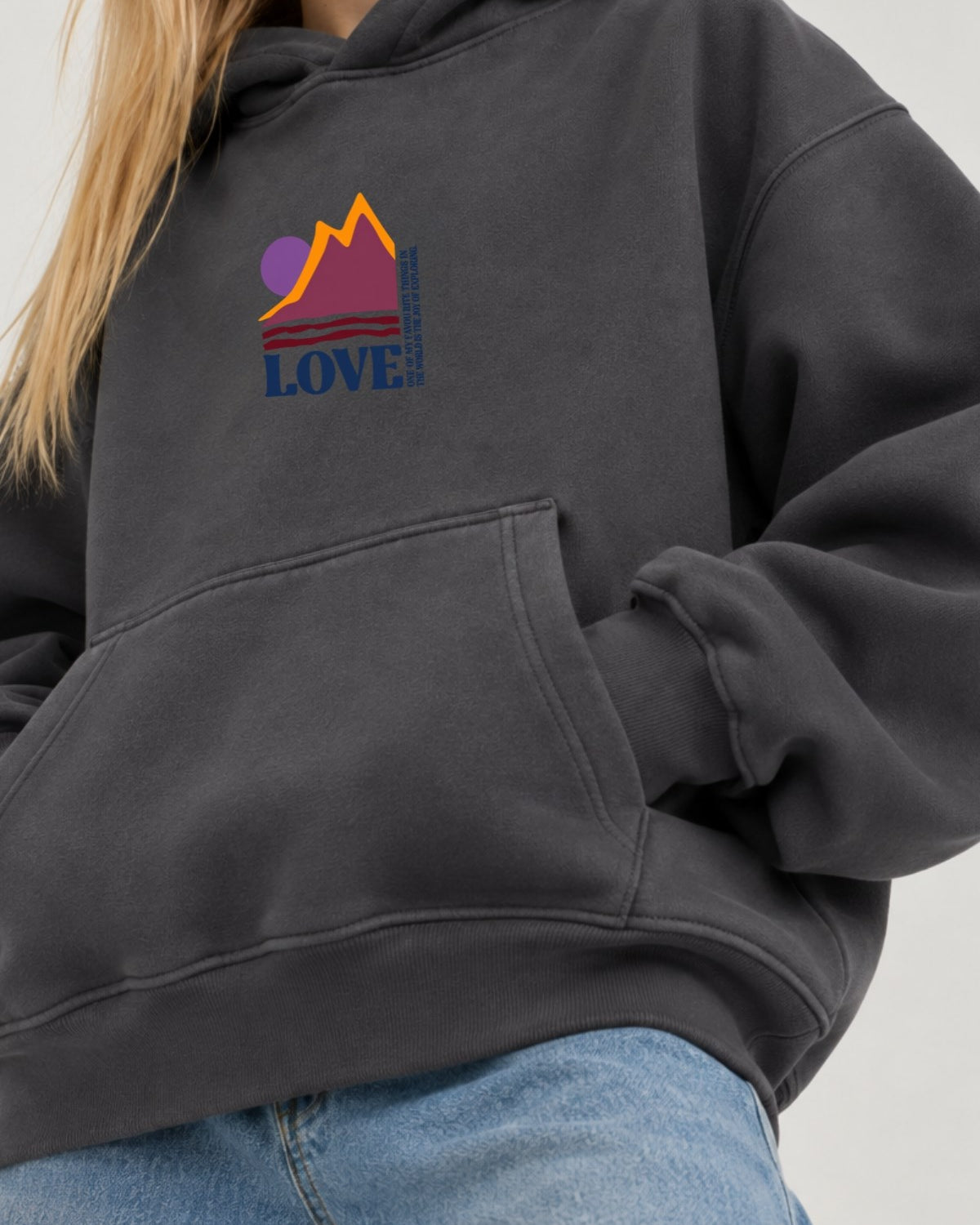 Kız Çocuk Oversize Hoodie Love Mount Baskılı Füme – Kapüşonlu, Cepli, 3 İplik Polar