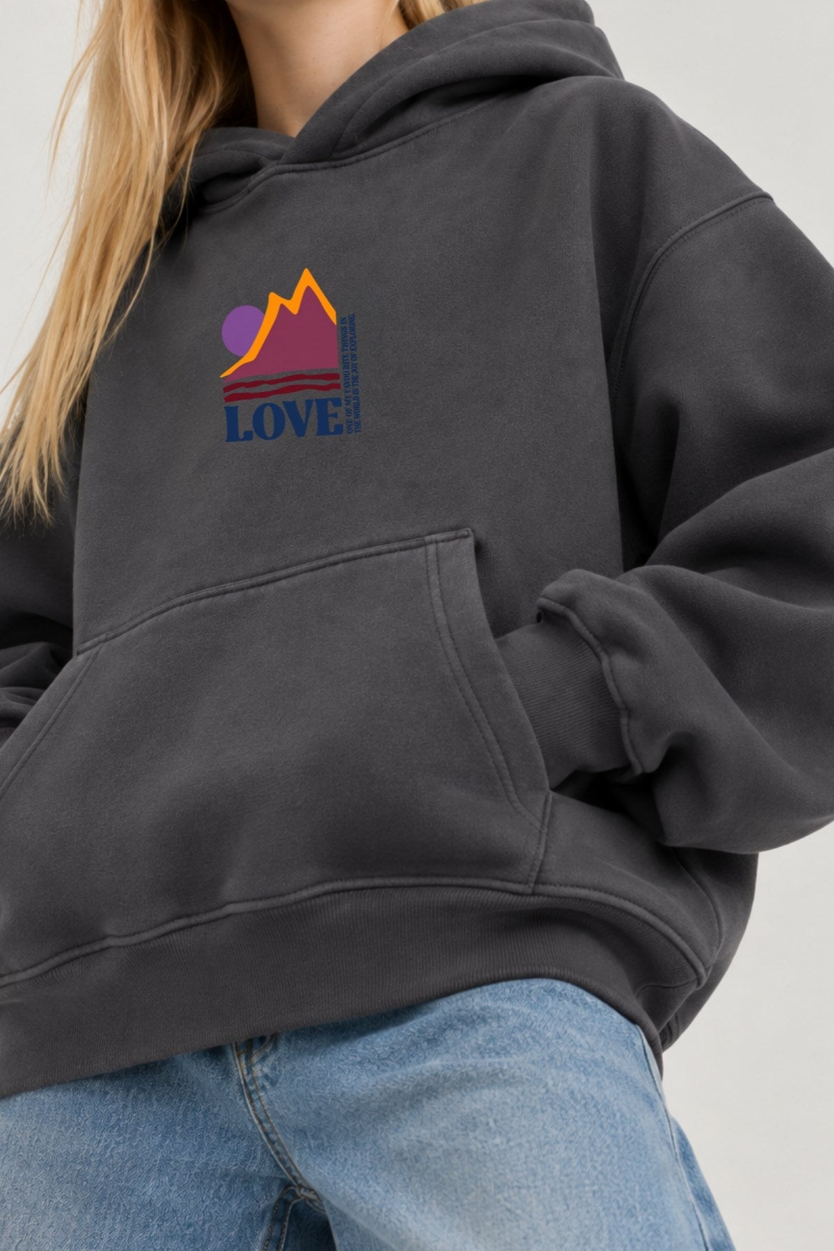 Kız Çocuk Oversize Hoodie Love Mount Baskılı Füme – Kapüşonlu, Cepli, 3 İplik Polar