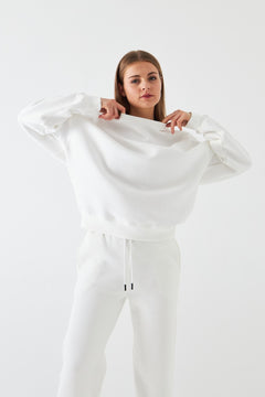 Unisex Oversize Sweatshirt Basic Beyaz – Bisiklet Yaka, 3 İplik Şardonlu Polar