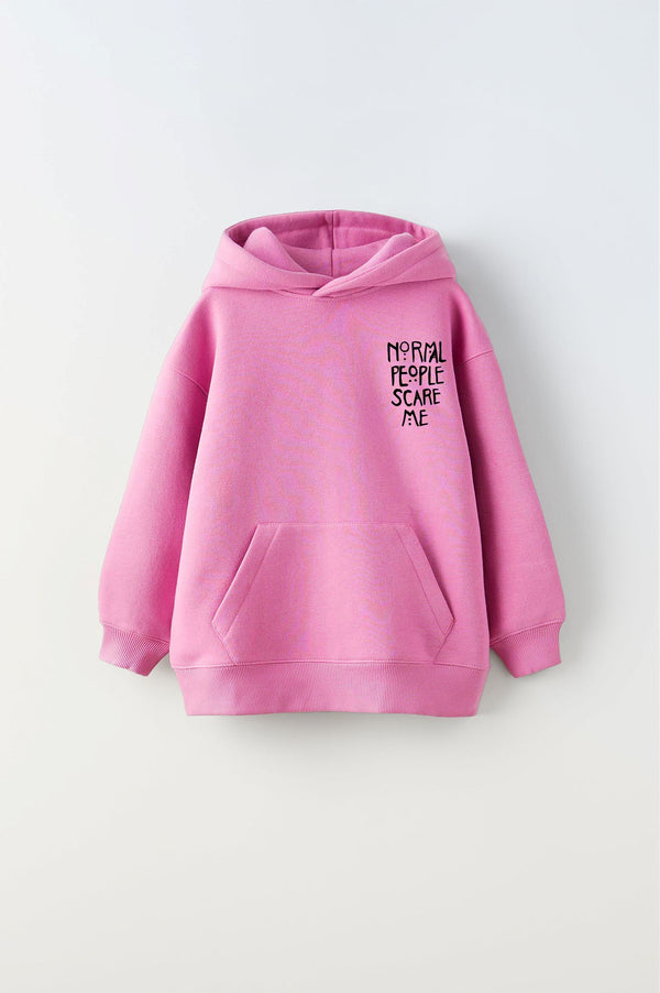 Kapüşonlu İçi Polar Normal People Scare Me Baskılı Pembe Unisex Hoodie Çocuk Sweatshirt