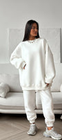 Kadın Oversize Sweat Elbise Eşofman Takımı Basic Beyaz – Bisiklet Yaka, Lastikli Paça, 3 İplik Polar