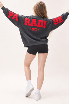 Kadın Oversize Sweatshirt Paradise Varsity Kabartma Baskılı Füme – Bisiklet Yaka, 3 İplik Şardonlu Polar