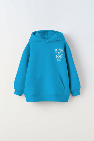 Kapüşonlu İçi Polar Normal People Scare Me Baskılı Mavi Unisex Çocuk Hoodie Sweatshirt