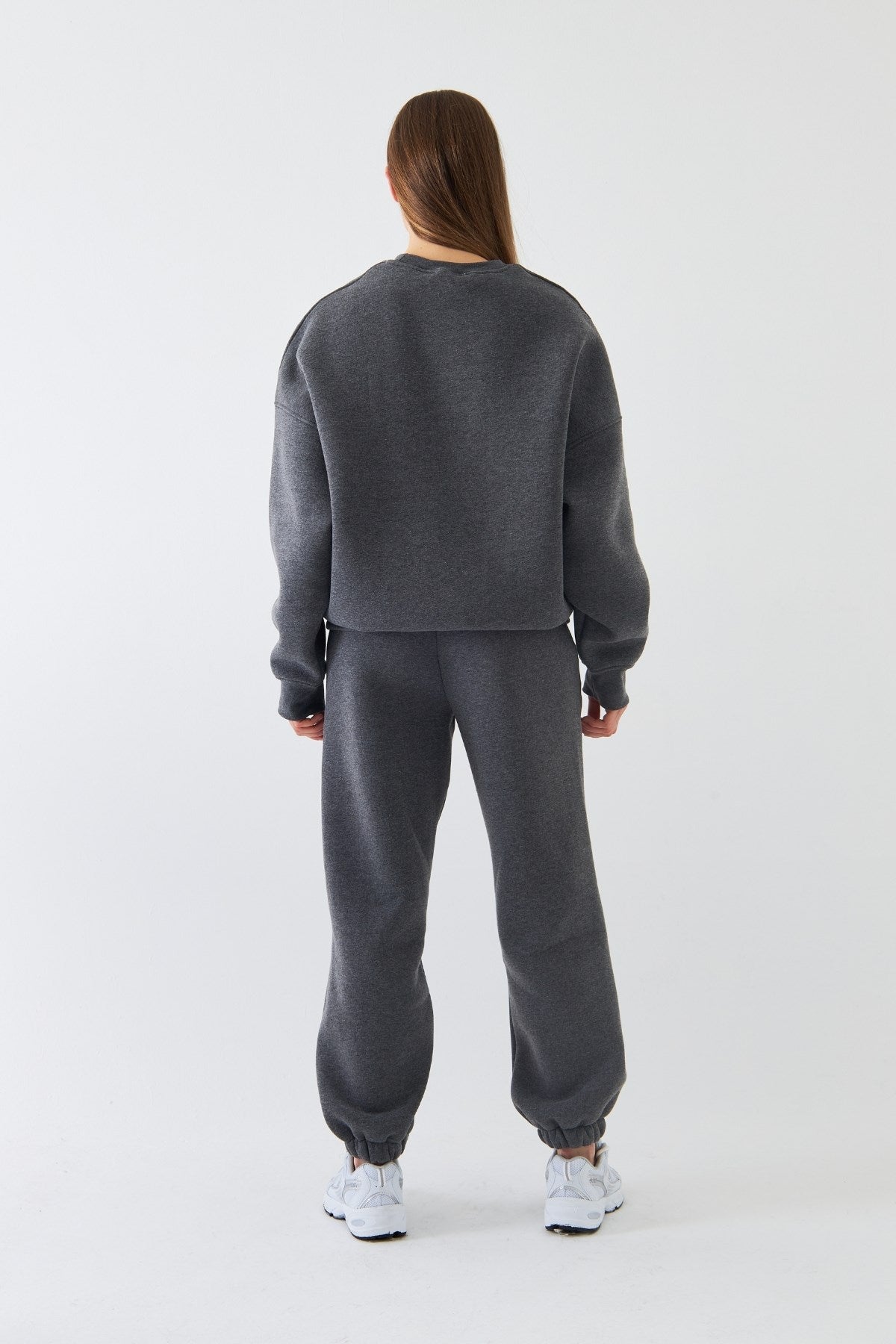 Unisex Oversize Sweatshirt Basic Füme Melanj – Bisiklet Yaka, 3 İplik Şardonlu Polar