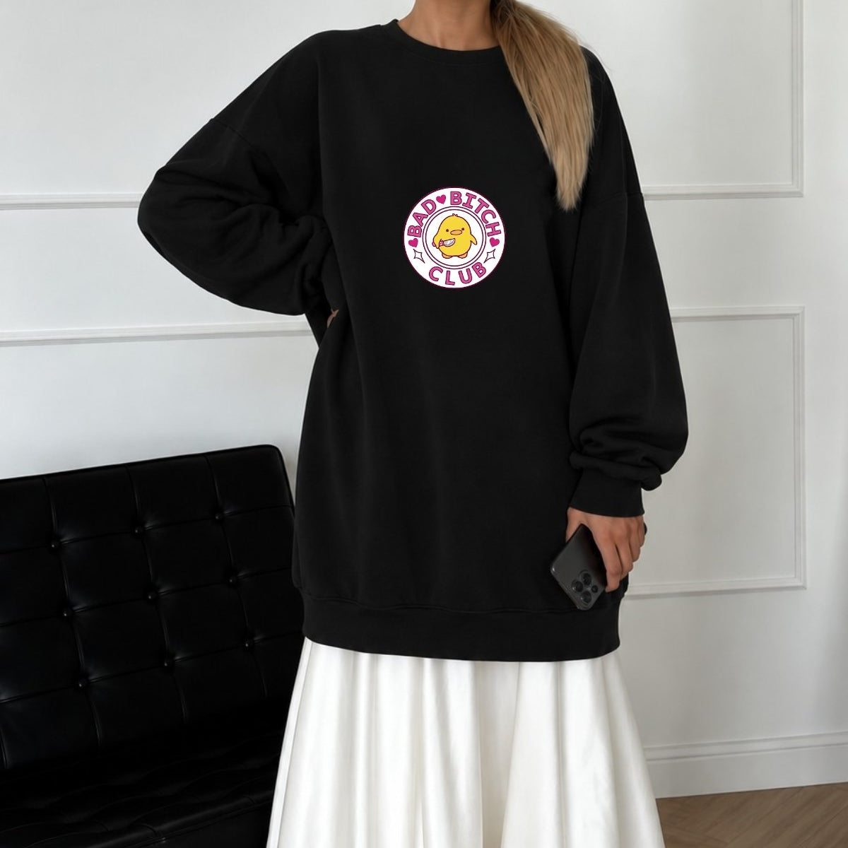Kadın Oversize Sweatshirt Elbise Bad Club Siyah – Bisiklet Yaka, 3 İplik Şardonlu Polar