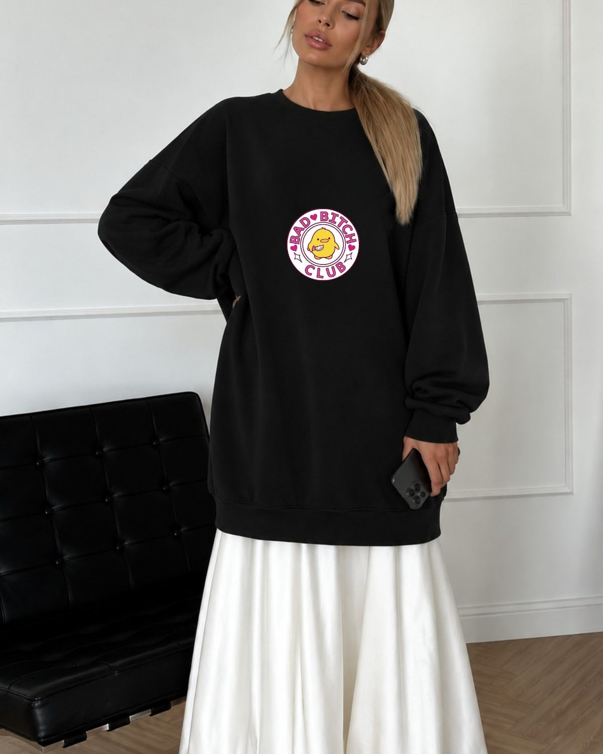 Kadın Oversize Sweatshirt Elbise Bad Club Siyah – Bisiklet Yaka, 3 İplik Şardonlu Polar