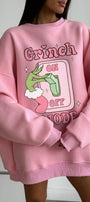 Kadın Oversize Sweatshirt Elbise Grinch Mode Baskılı Pembe – Bisiklet Yaka, 3 İplik Şardonlu Polar