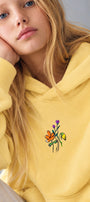 Kız Çocuk Oversize Hoodie Sweatshirt Flower Heaven Baskılı Sarı – Kapüşonlu, Cepli, 3 İplik Polar  