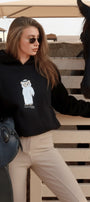 Kadın Oversize Sweatshirt Hoodie Qatari Bear White Siyah – Kapüşonlu, 3 İplik Polar, Kanguru Cepli