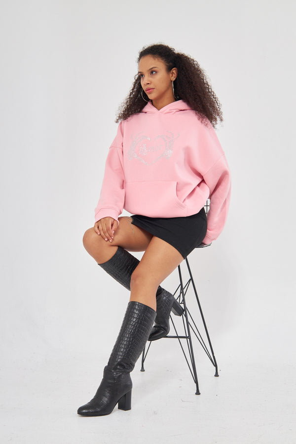 Amor Yazılı Taş Baskılı Kapüşonlu İçi Polar Oversize Pembe Sweatshirt