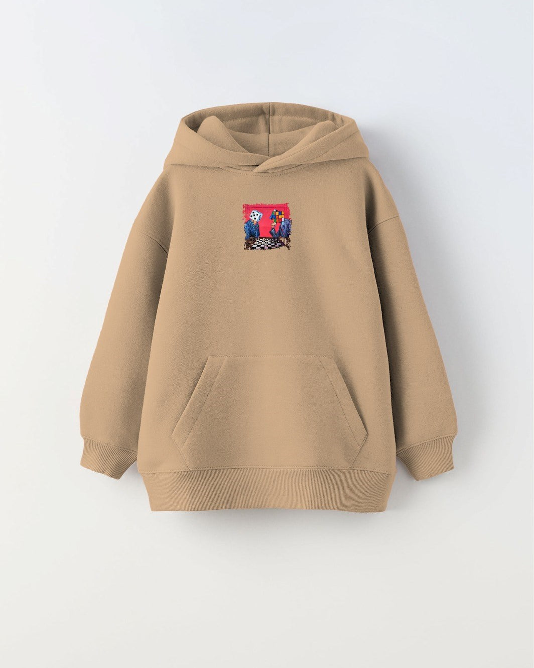 Kapüşonlu İçi Polar Satranç Baskılı Bej Unisex Çocuk Hoodie Sweatshirt