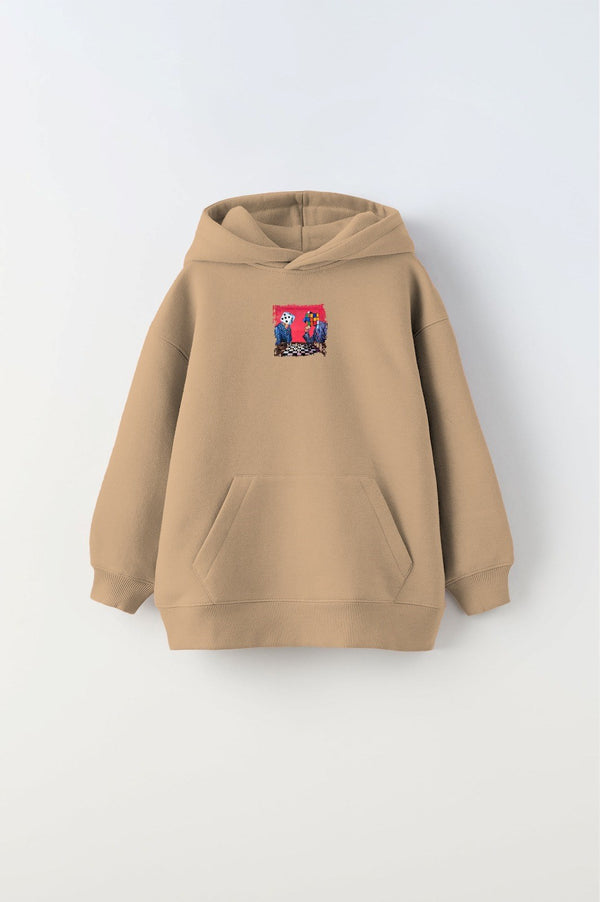 Kapüşonlu İçi Polar Satranç Baskılı Bej Unisex Çocuk Hoodie Sweatshirt