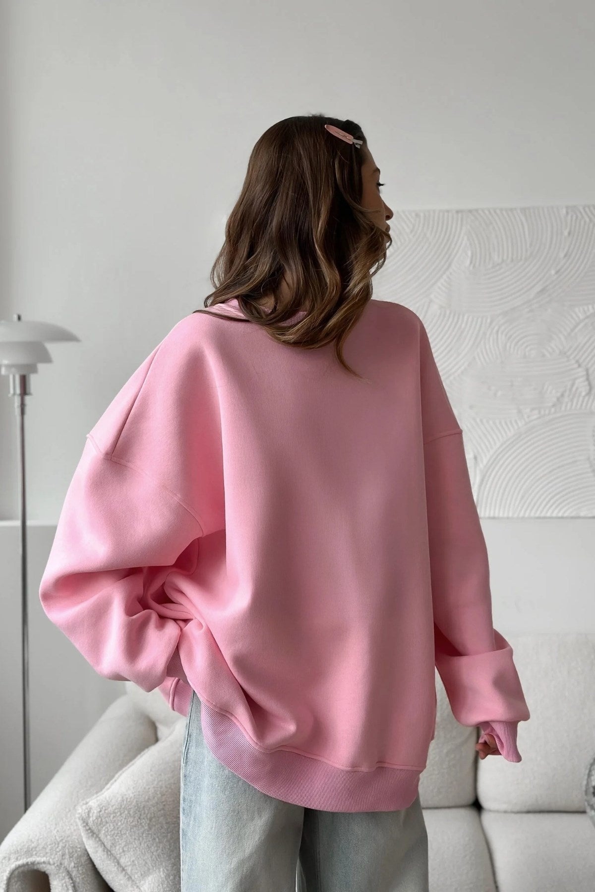 Kadın Oversize Sweatshirt Elbise Basic Pembe – Bisiklet Yaka, 3 İplik Şardonlu Polar
