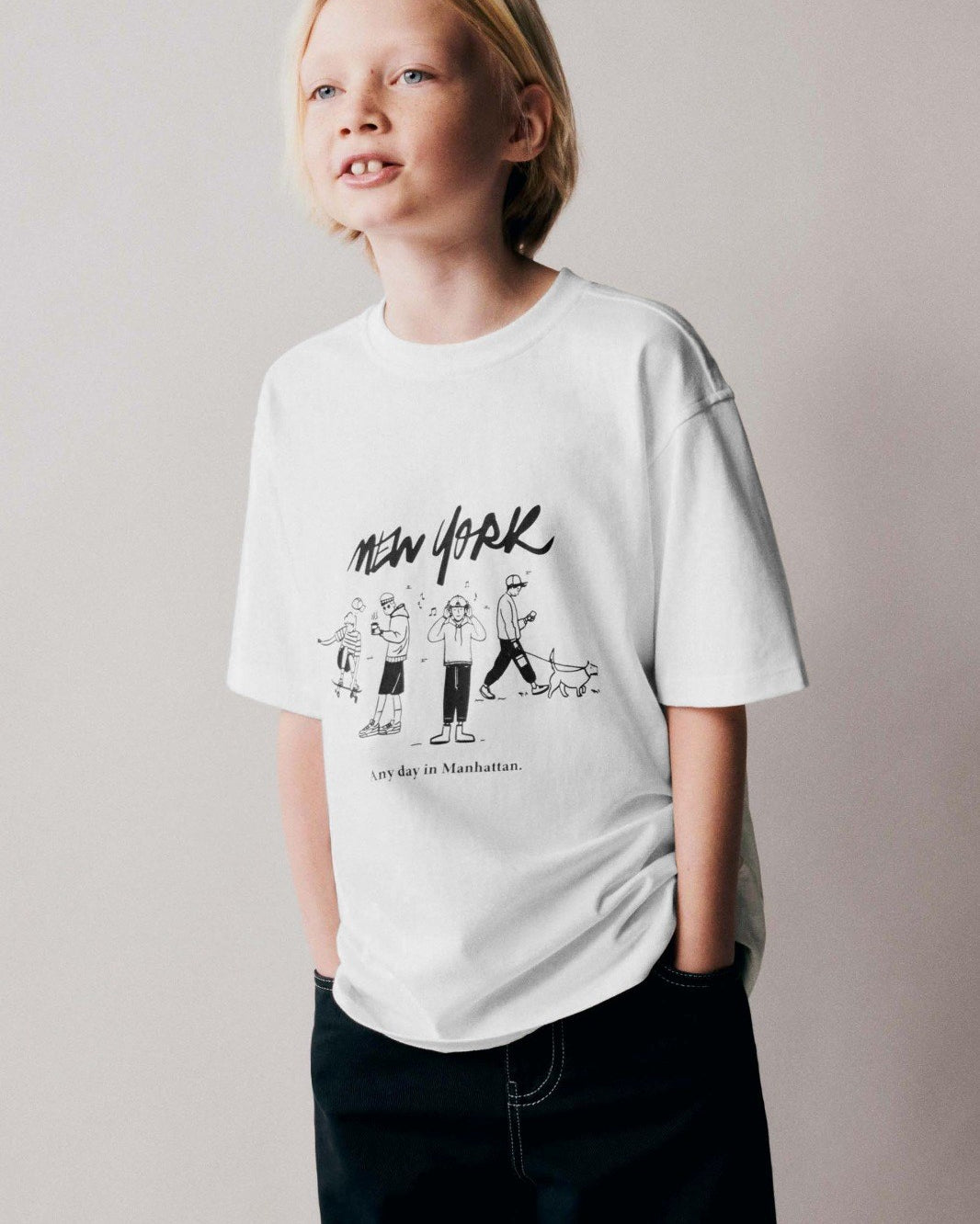 New York Any Day in Manhattan Yazılı Aktivite Tasarım Baskılı Beyaz Çocuk T-Shirt