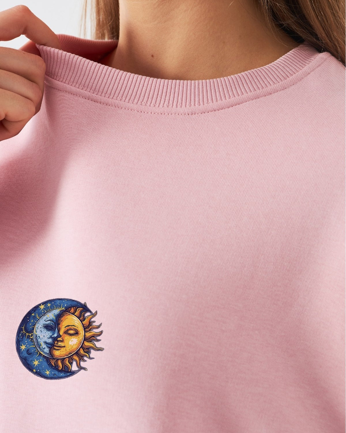 Kadın Oversize Sweatshirt Sun & Moon Baskılı Pembe – Bisiklet Yaka, 3 İplik Şardonlu Polar