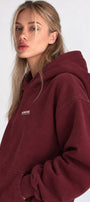 Kadın Oversize Hoodie Amore Baskılı Bordo – Kapüşonlu, Kanguru Cepli, 3 İplik Şardonlu Polar