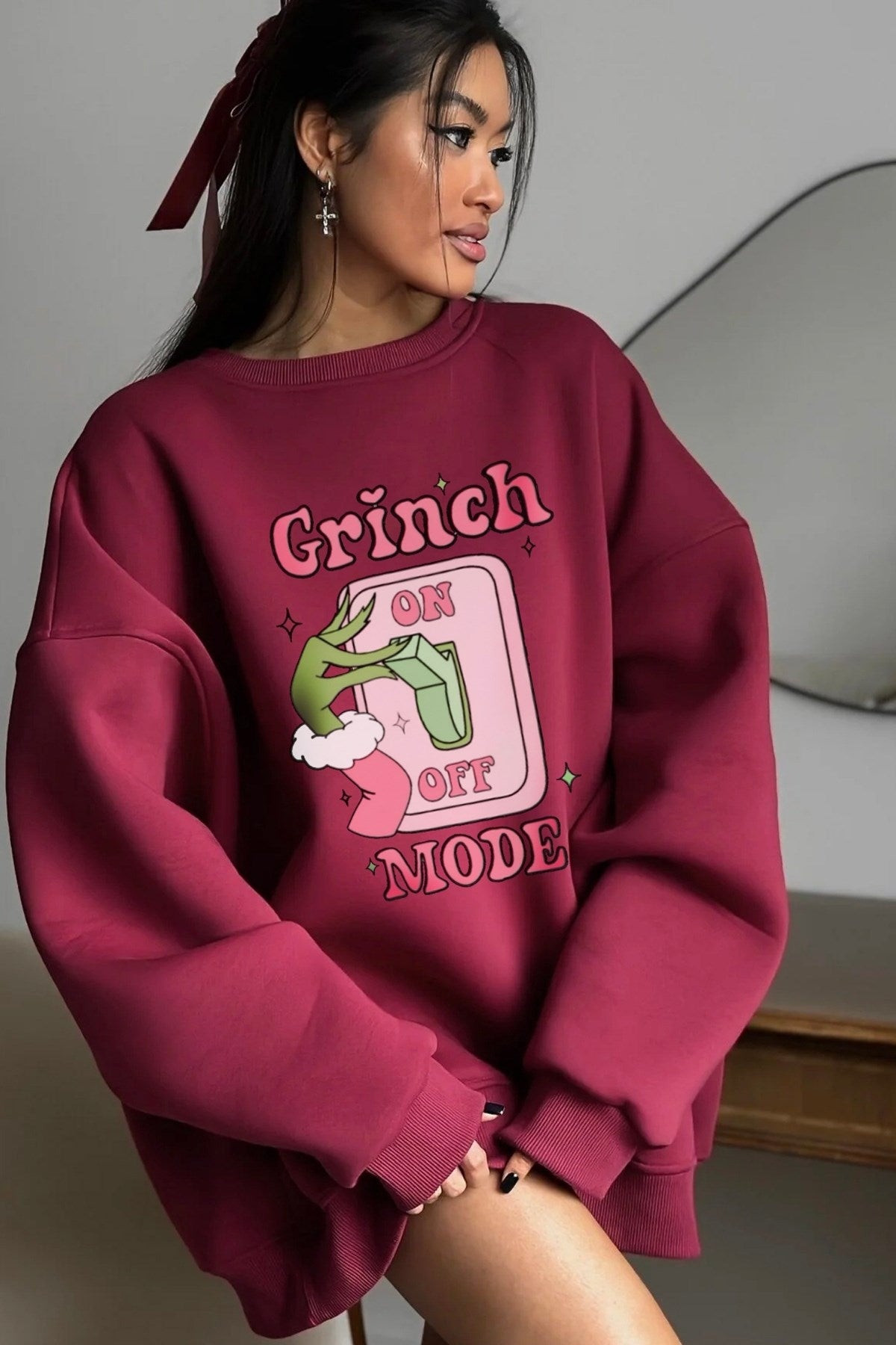 Kadın Oversize Sweatshirt Elbise Grinch Mode Baskılı Bordo – Bisiklet Yaka, 3 İplik Şardonlu Polar