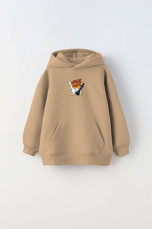 Kapüşonlu İçi Polar Satranç Cartoon Baskılı Bej Unisex Çocuk Hoodie Sweatshirt