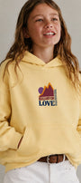 Kız Çocuk Oversize Hoodie Love Mount Baskılı Sarı – Kapüşonlu, Cepli, 3 İplik Polar