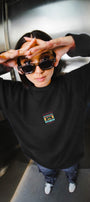 Kadın Oversize Sweatshirt Retro Kaset Baskılı Siyah – Bisiklet Yaka, 3 İplik Şardonlu Polar