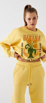 Kadın Oversize Sweatshirt Banana Tropical Baskılı Sarı – Bisiklet Yaka, 3 İplik Şardonlu Polar