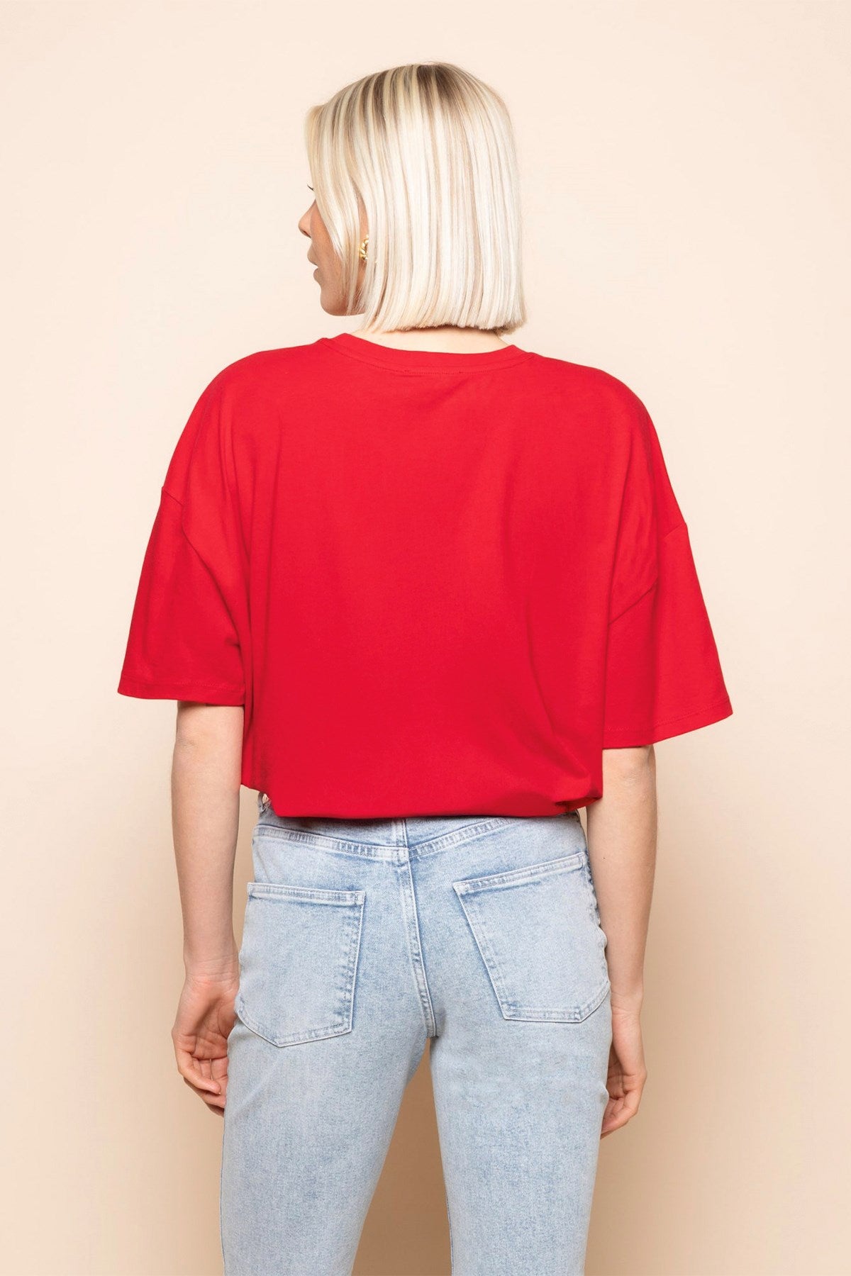 Kadın Oversize Tişört CHMP STUDIOS Baskılı Kırmızı – Bisiklet Yaka, %100 Pamuk Compact Süprem 24/1
