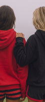 Unisex 2’li Oversize Basic Hoodie Siyah & Kırmızı – Kapüşonlu, Cepli, 3 İplik Şardonlu Polar