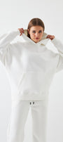 Oversize Unisex Sweatshirt Hoodie Beyaz – Kapüşonlu, 3 İplik Şardonlu Polar, Kanguru Cepli, Basic