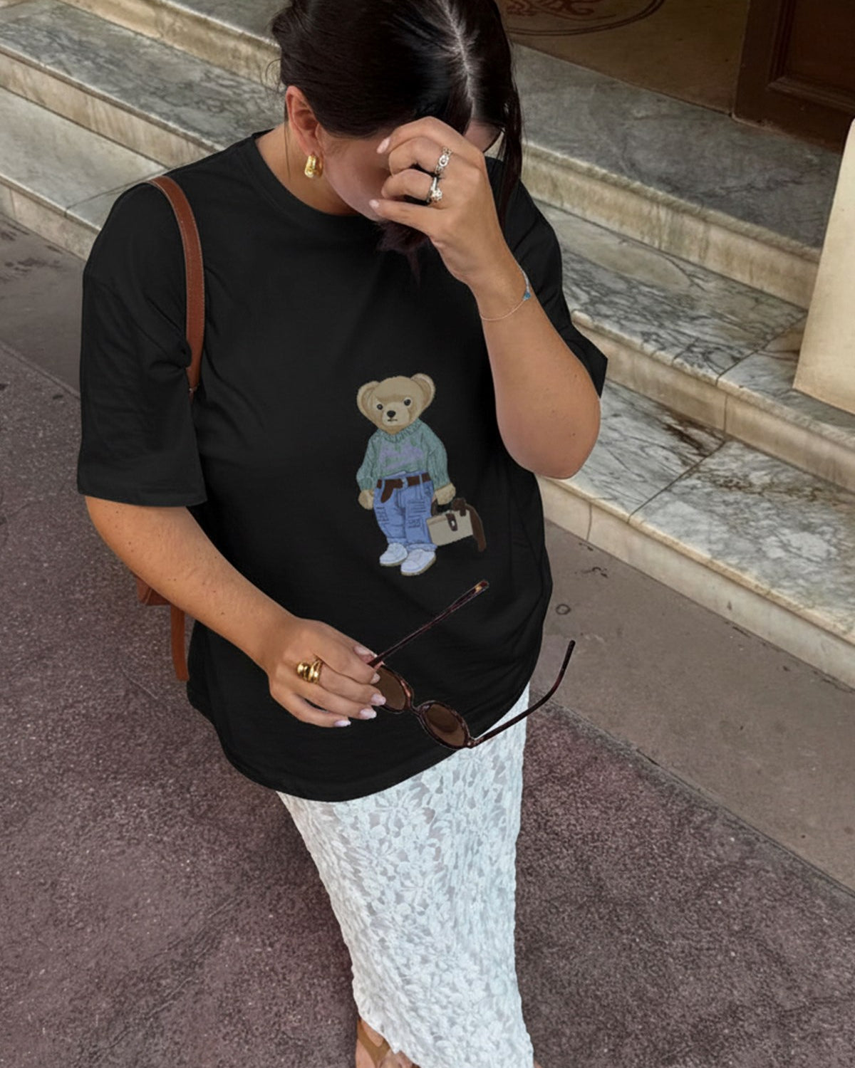 Kadın Oversize Tişört COZY Bear Baskılı Siyah – %100 Pamuk Compact Süprem 24/1