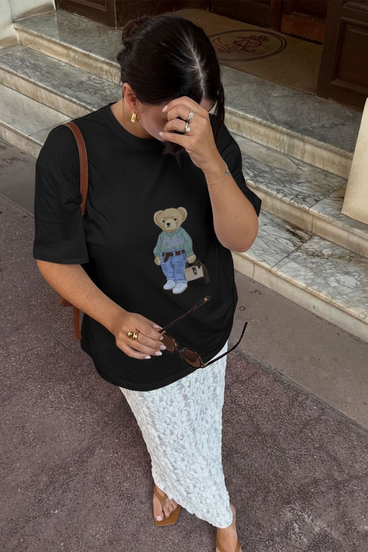 Kadın Oversize Tişört COZY Bear Baskılı Siyah – %100 Pamuk Compact Süprem 24/1