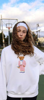 Kadın Oversize Sweatshirt Pink Suit Bear 3D Baskılı Beyaz – Bisiklet Yaka, 3 İplik Şardonlu Polar