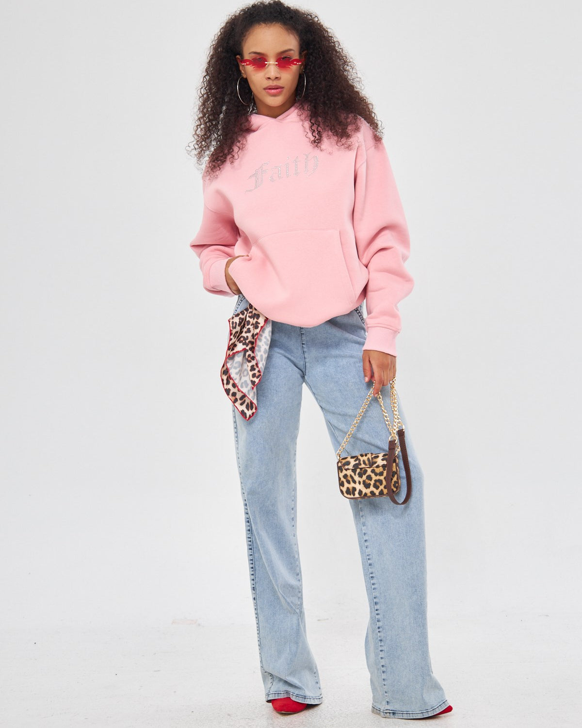 Faith Yazılı Taş Baskılı Kapüşonlu İçi Polar Oversize Pembe Sweatshirt
