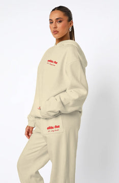 White Fox Krem Kadın Era 8 Lounge Essentials Yazılı Kapüşonlu Oversize Hoodie