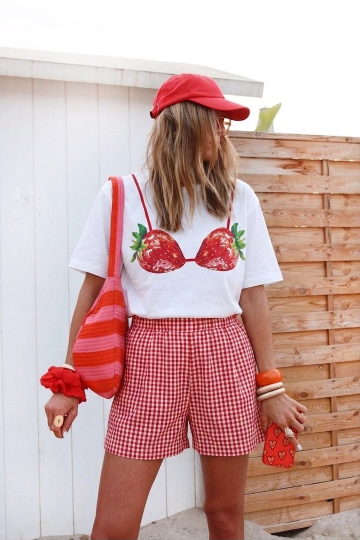 Kadın Ekose Desenli Lastikli Bel Yazlık Şort Kırmızı – Rahat Kalıp, Cepli (Kombin Ürün)