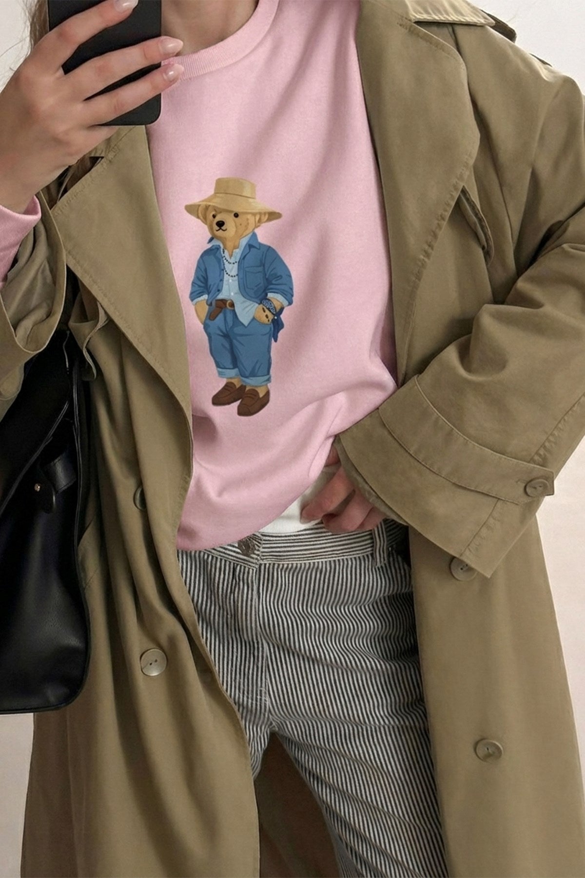 Kadın Oversize Sweatshirt Ranch Bear Baskılı Pembe – Bisiklet Yaka, 3 İplik Şardonlu Polar