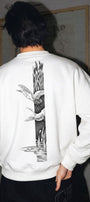 Erkek Oversize Sweatshirt Heron Line Baskılı Beyaz – Bisiklet Yaka, 3 İplik Şardonlu Polar