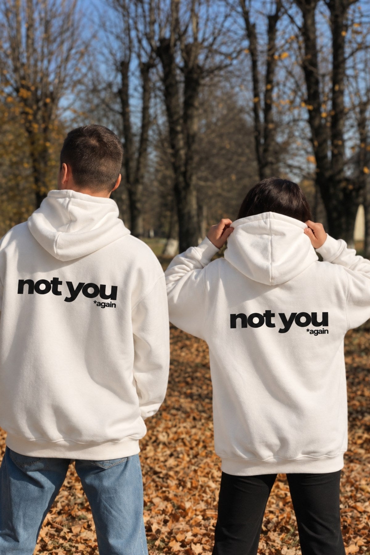 Unisex Oversize Hoodie Not You Again Baskılı Beyaz – Kapüşonlu, Kanguru Cepli, 3 İplik Şardonlu 