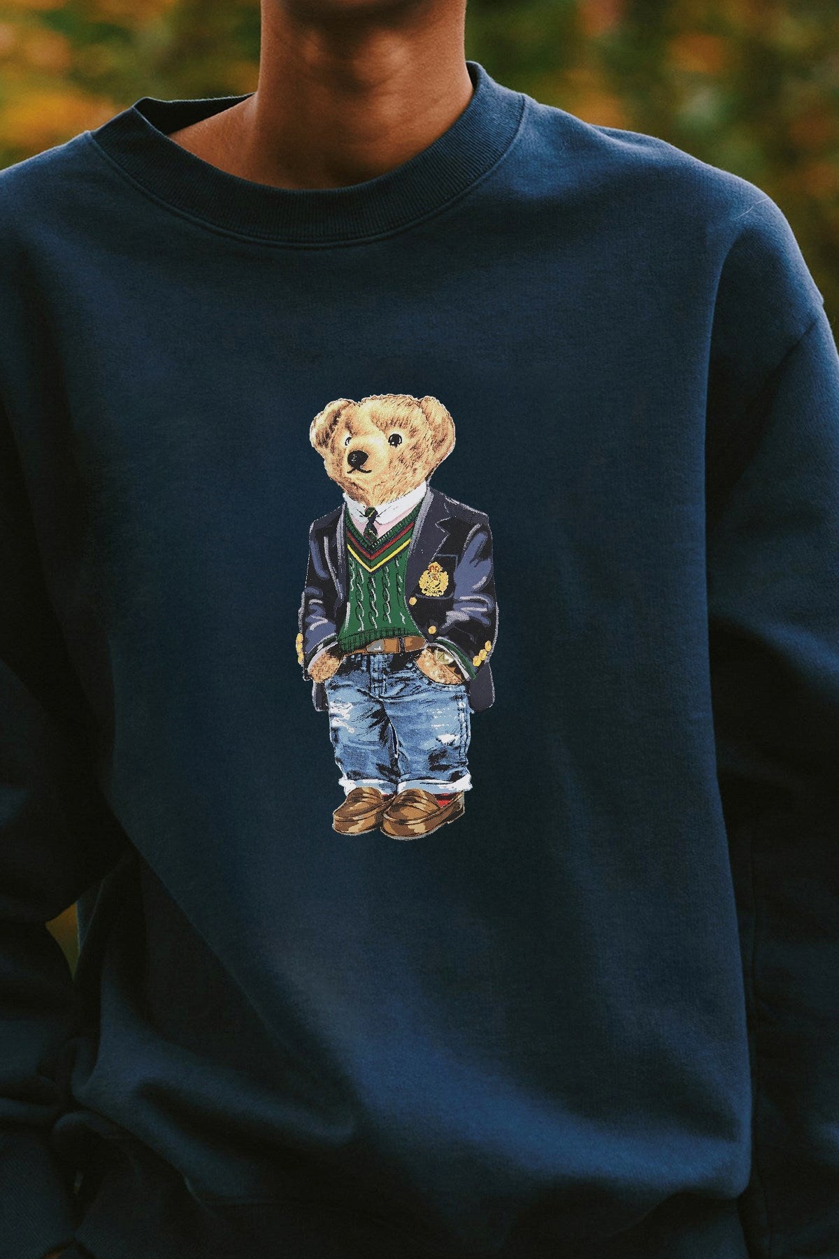 Kadın Oversize Sweatshirt Ivy Bear Baskılı Lacivert – Bisiklet Yaka, 3 İplik Şardonlu
