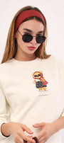 Beyaz Bisiklet Yaka Puantiyeli Ayıcık Baskılı Oversize Unisex Sweatshirt