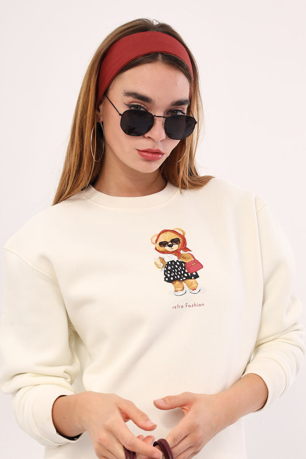 Beyaz Bisiklet Yaka Puantiyeli Ayıcık Baskılı Oversize Unisex Sweatshirt