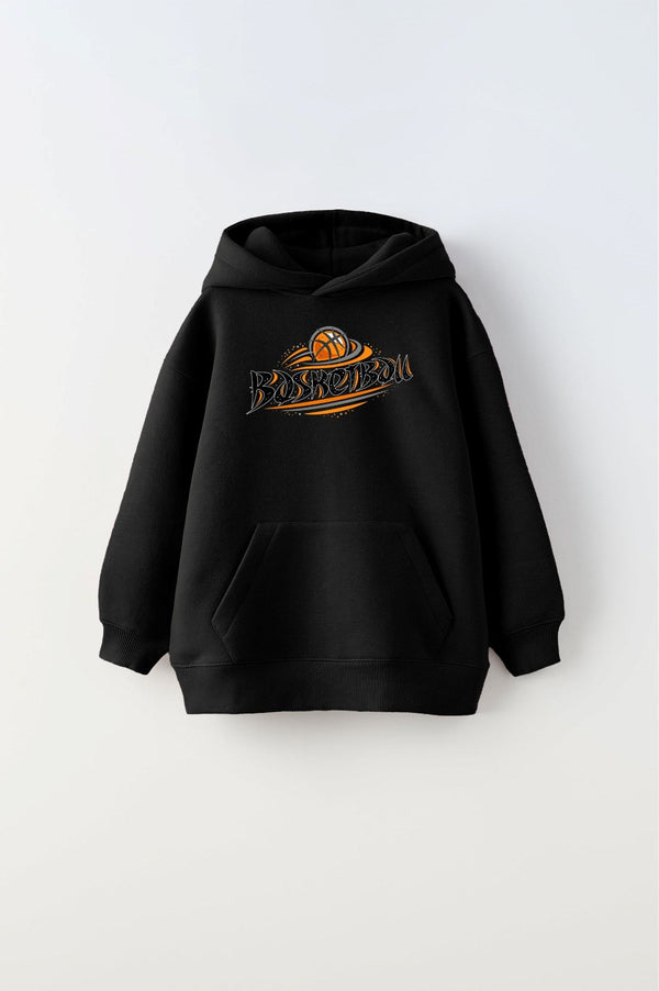 Kapüşonlu İçi Polar Basketbol Baskılı Siyah Unisex Çocuk Sweatshirt