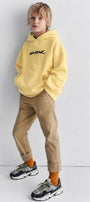 Erkek Çocuk Oversize Hoodie Sweatshirt DAY IN NYC Baskılı Sarı – Kapüşonlu, Cepli, 3 İplik Polar