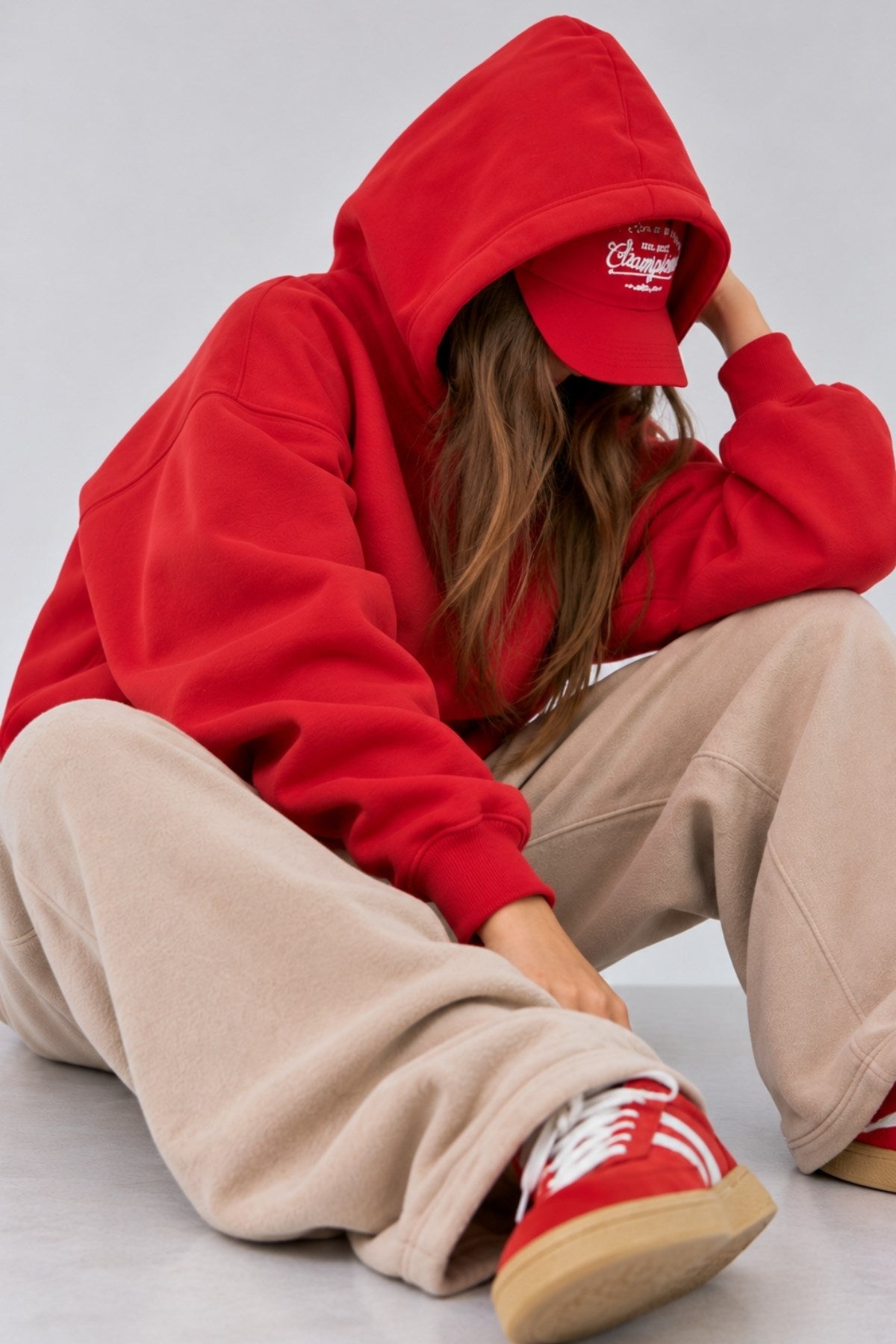 Kız Çocuk Oversize Basic Hoodie Sweatshirt Kırmızı – Kapüşonlu, Kanguru Cepli, 3 İplik Polar